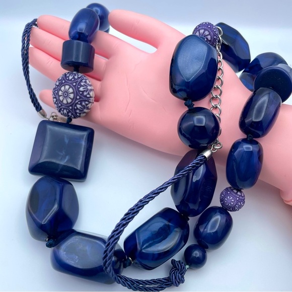 Chico’s Statement Necklace Blue Resin Beads Purple Floral Accents - Picture 3 of 7
